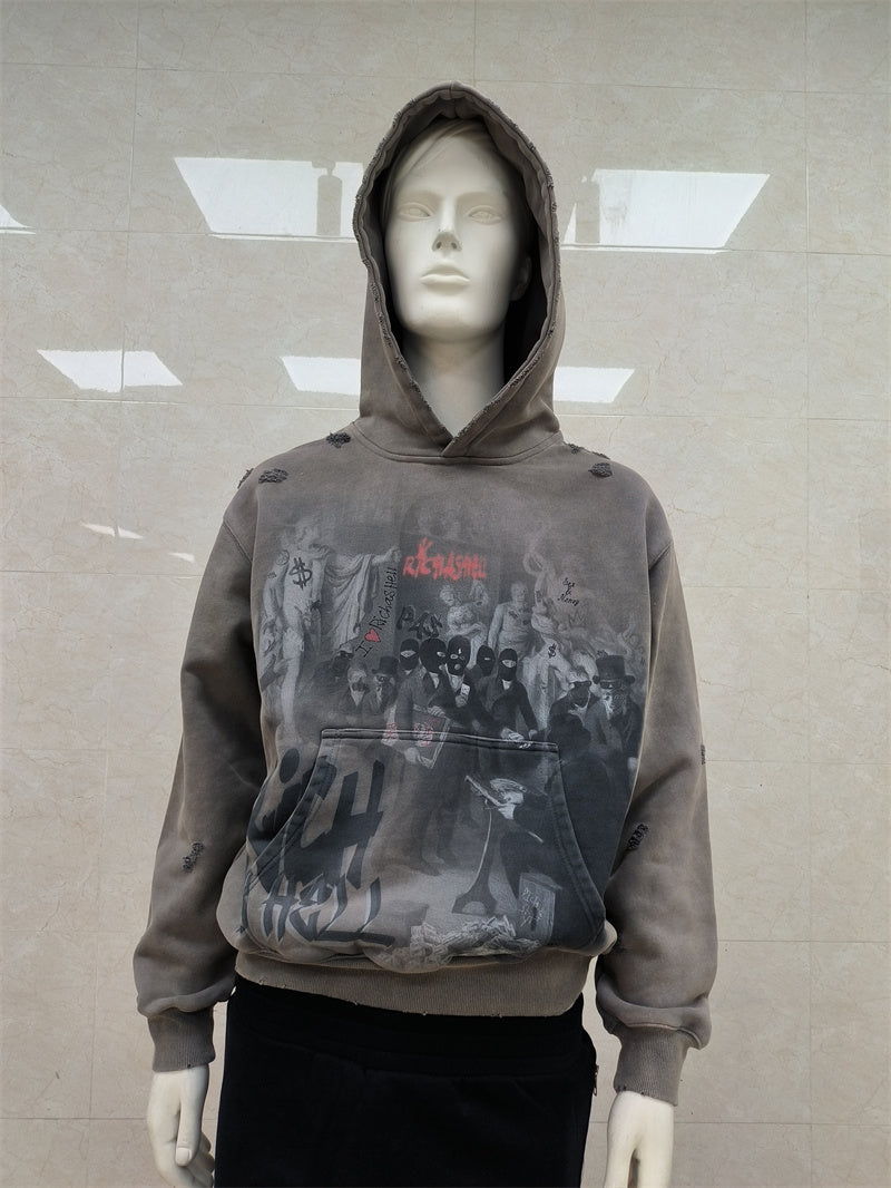 KY Custom 500gsm Hoodie Acid Wash DTG Print DIstress Men ZipUP Big Hoody Drop Shoulders Hoodies