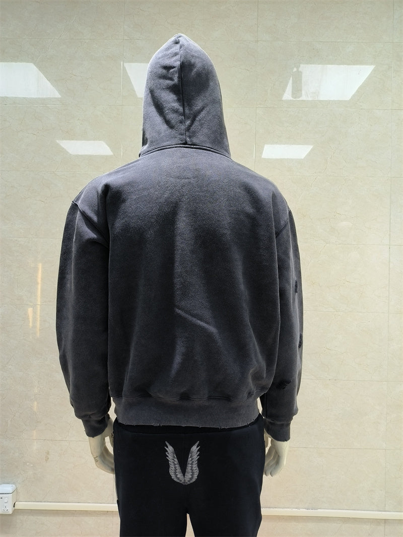 KY Custom 500gsm Hoodie Acid Wash DTG Print DIstress Men ZipUP Big Hoody Drop Shoulders Hoodies