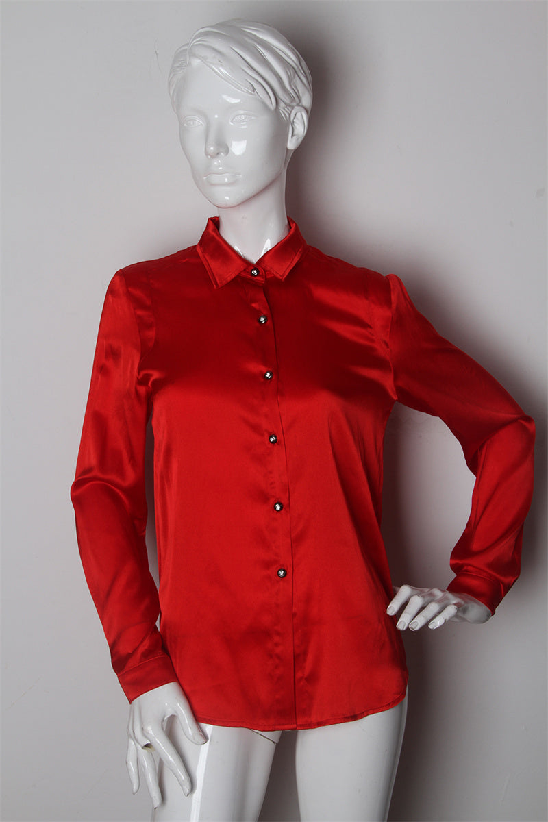 KY Custom Manufacturer Turn Down Point collar Red Silk Long Sleeve Curved Hem Button Up High Quality Formal Shirt