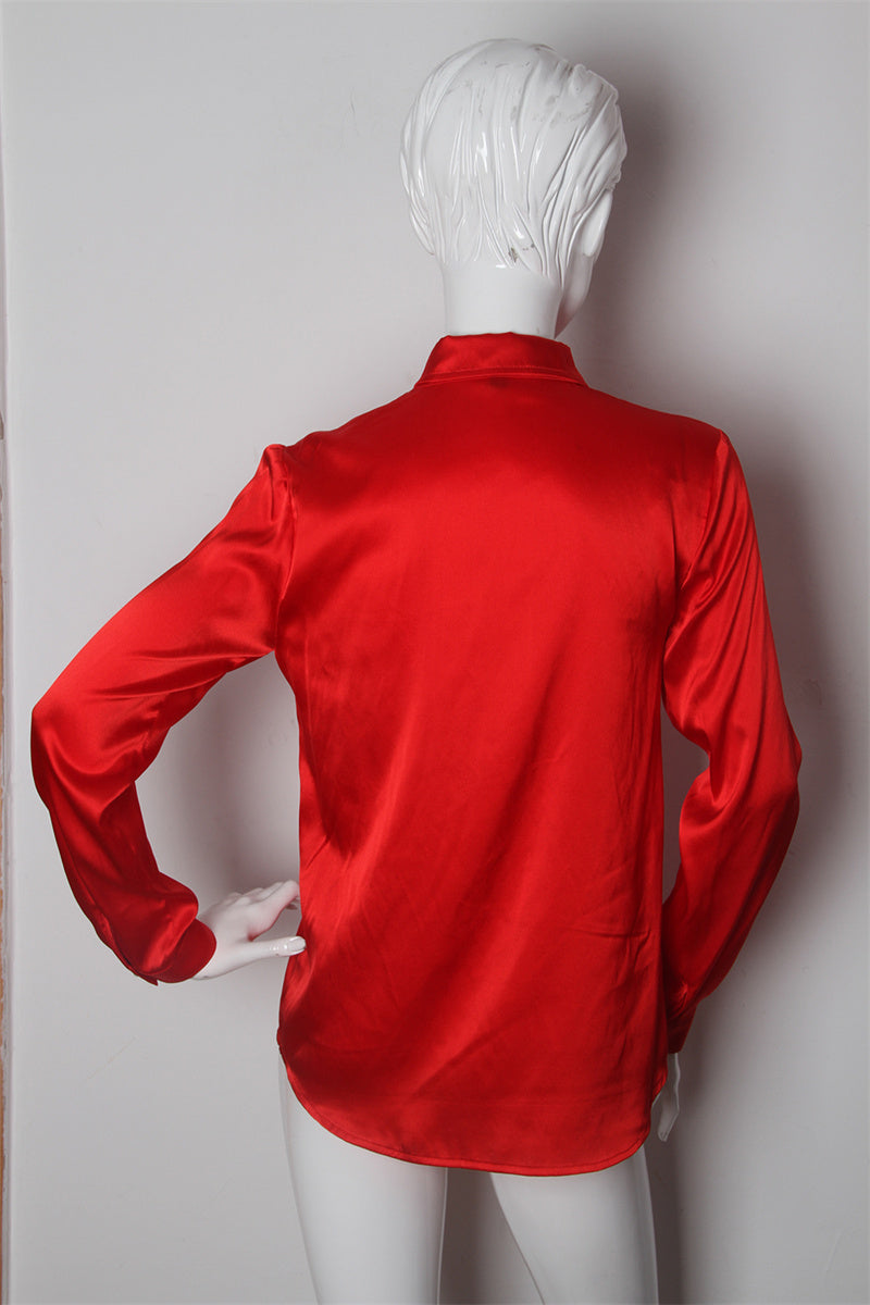 KY Custom Manufacturer Turn Down Point collar Red Silk Long Sleeve Curved Hem Button Up High Quality Formal Shirt