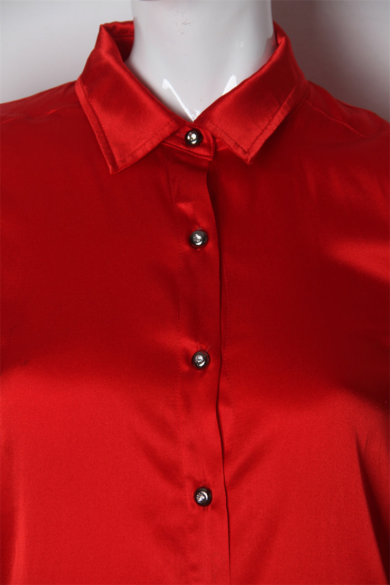 KY Custom Manufacturer Turn Down Point collar Red Silk Long Sleeve Curved Hem Button Up High Quality Formal Shirt