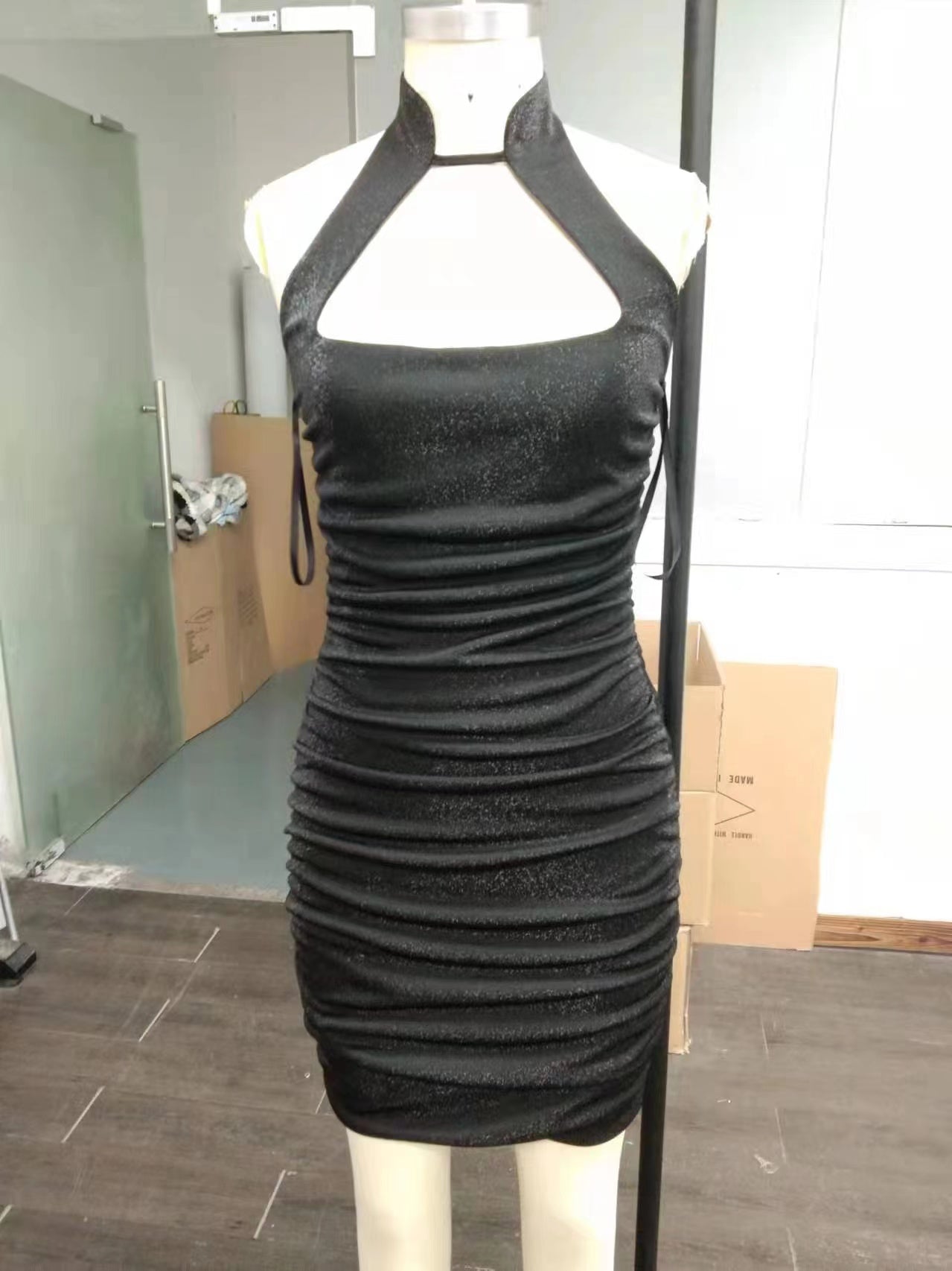 Ky Custom Premium Black Skinny Fit Party Mini Ruched Dress Halter Sexy Dresses
