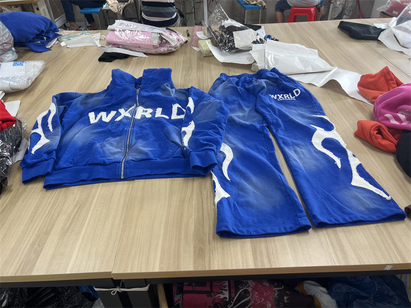 Ky Custom Tracksuits Oversized Fit Distressed Embroidery Sun Faded Wash Hoodie And Pants