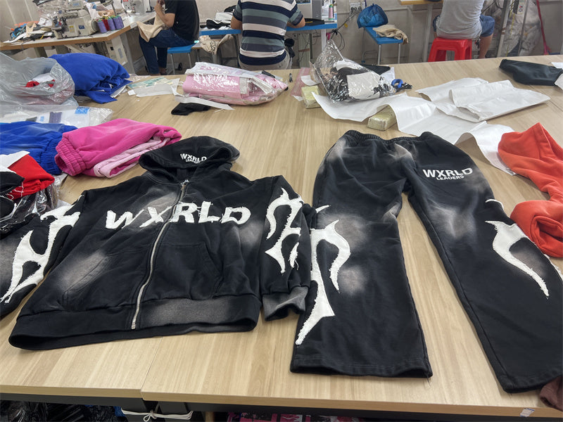 Ky Custom Tracksuits Oversized Fit Distressed Embroidery Sun Faded Wash Hoodie And Pants