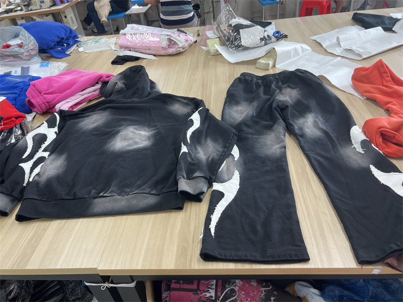 Ky Custom Tracksuits Oversized Fit Distressed Embroidery Sun Faded Wash Hoodie And Pants