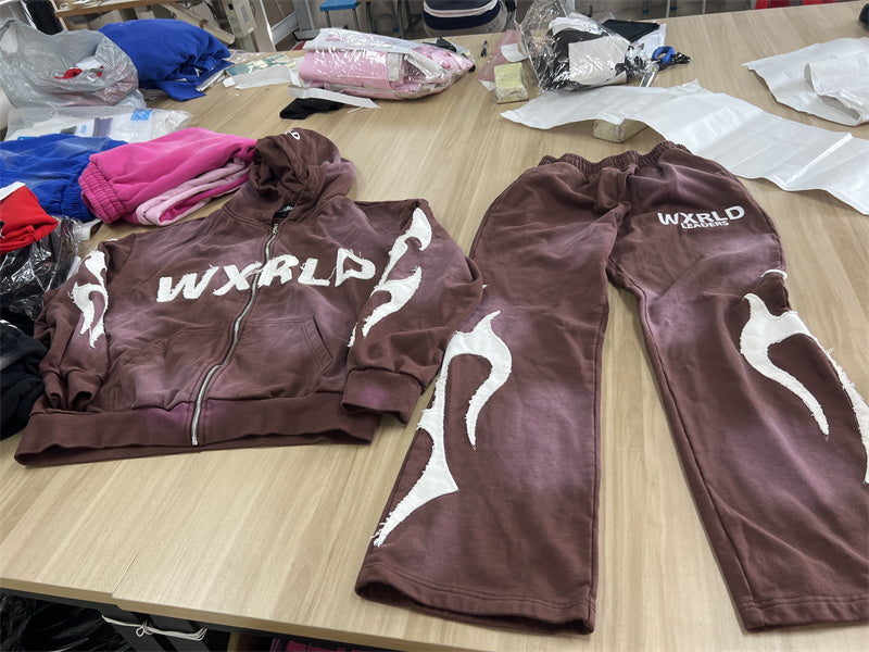 Ky Custom Tracksuits Oversized Fit Distressed Embroidery Sun Faded Wash Hoodie And Pants