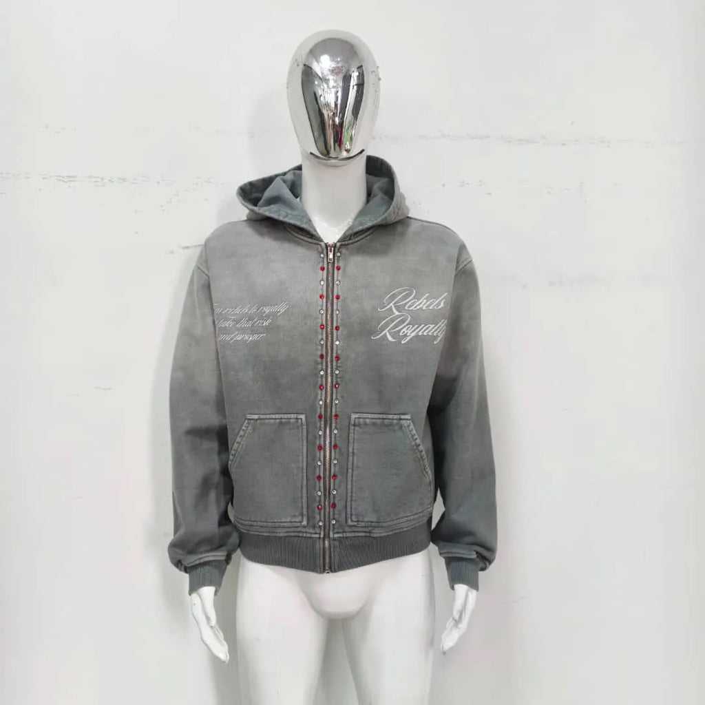 KY Custom Hoodie Sun Faded Wash Zipup Rhinestones  Silk Screen print Oversized Hoodie