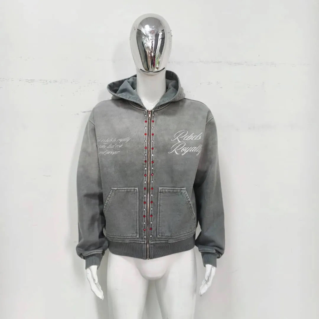 KY Custom Hoodie Sun Faded Wash Zipup Rhinestones  Silk Screen print Oversized Hoodie