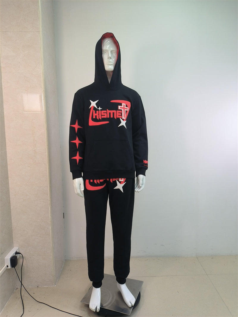 KY Custom Red Satin Hood Pullover Puff Printing Hoodie and Sweatpants Joggers Tracksuit