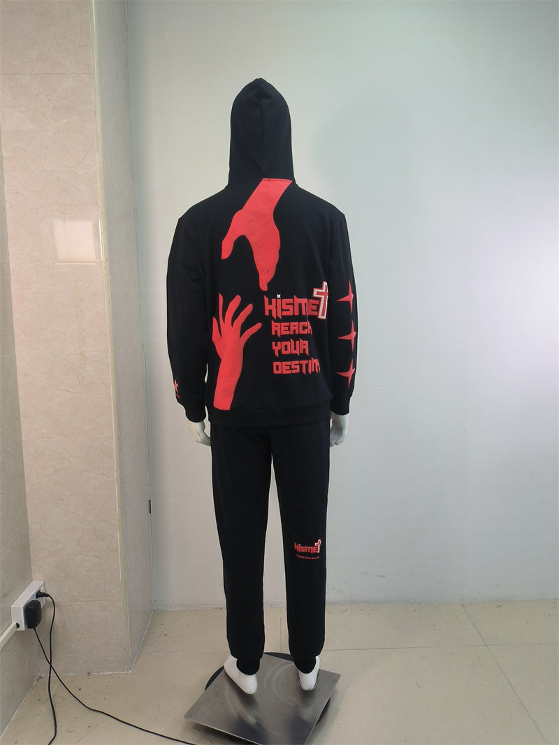 KY Custom Red Satin Hood Pullover Puff Printing Hoodie and Sweatpants Joggers Tracksuit