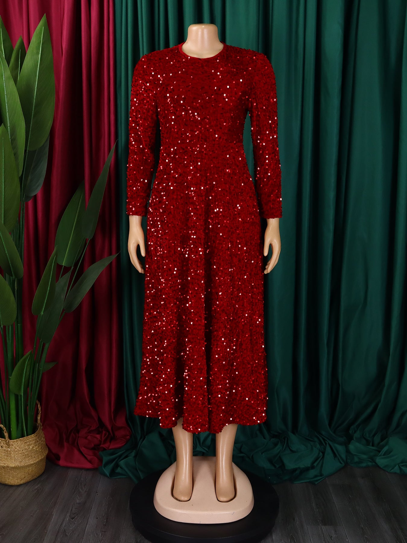 KY Custom Long Sleeve Maxi Gown Sequins Party Dress