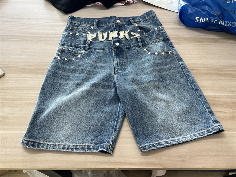 Custom Jeans Shorts Distress Embroidery Acid Middle Washing Double Waist Jorts