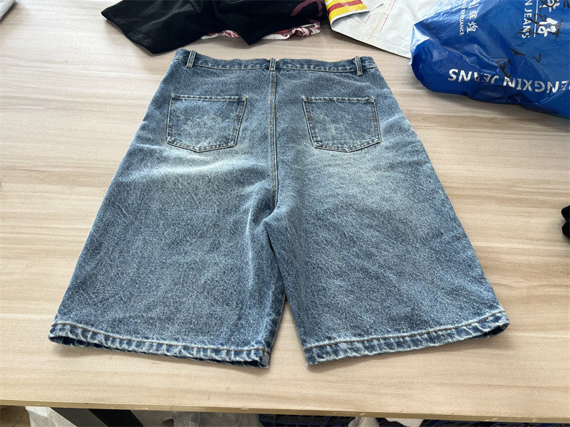 Custom Jeans Shorts Distress Embroidery Acid Middle Washing Double Waist Jorts