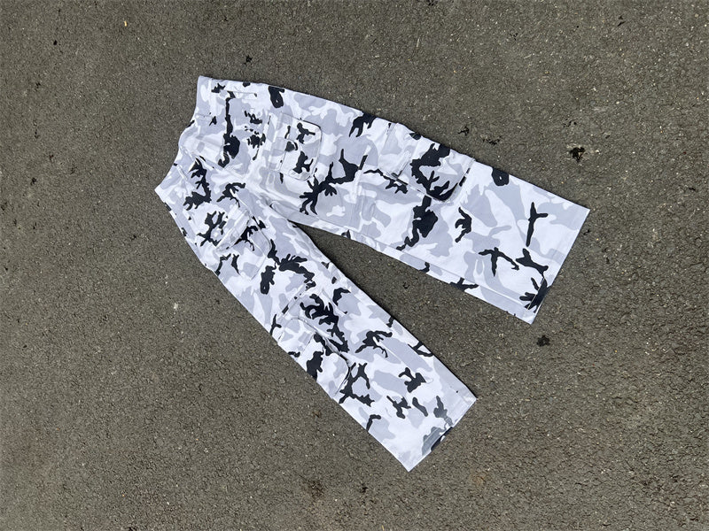 Ky Custom Heavy Weight 100%cotton Streetwear All Over Camo Print Cargo Pockets Straight Unisex Baggy Fit Trousers