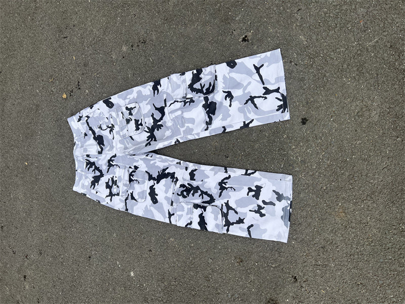 Ky Custom Heavy Weight 100%cotton Streetwear All Over Camo Print Cargo Pockets Straight Unisex Baggy Fit Trousers
