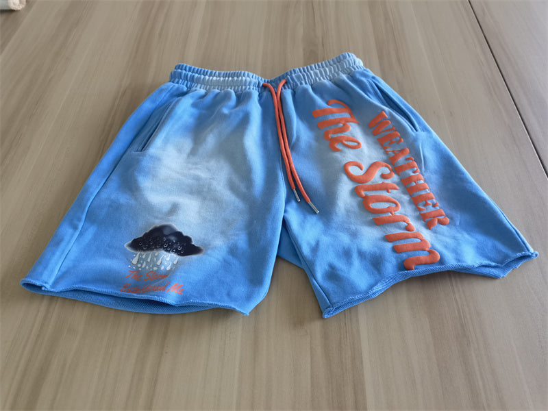 KY Custom Faded Wash Puff Printing French Terry Raw Cut Contrast Drawstring Summer Shorts