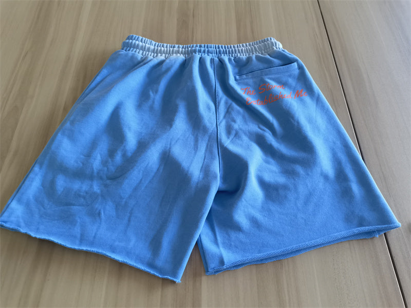 KY Custom Faded Wash Puff Printing French Terry Raw Cut Contrast Drawstring Summer Shorts
