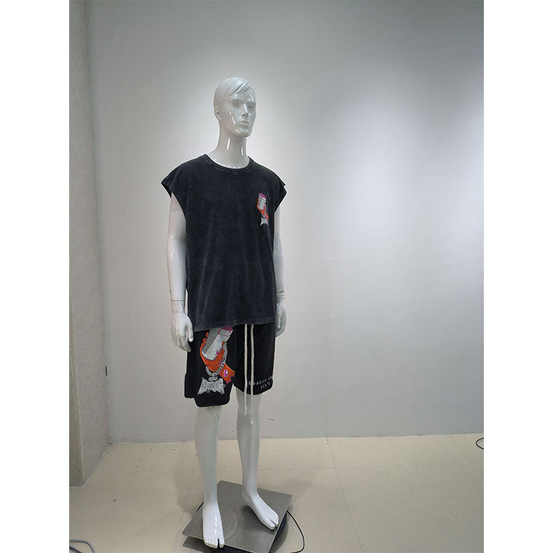 KY Custom 100%Cotton Thick Summer Silk Screen Print Acid Wash Sleeveless Tank Top and Shorts